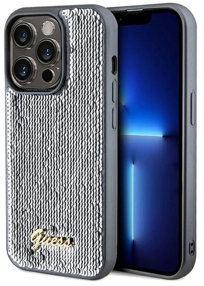 Guess Sequin Script Serie - iPhone 14 Pro Hoesje - Zilver - Elegant Design - Cekinen Details