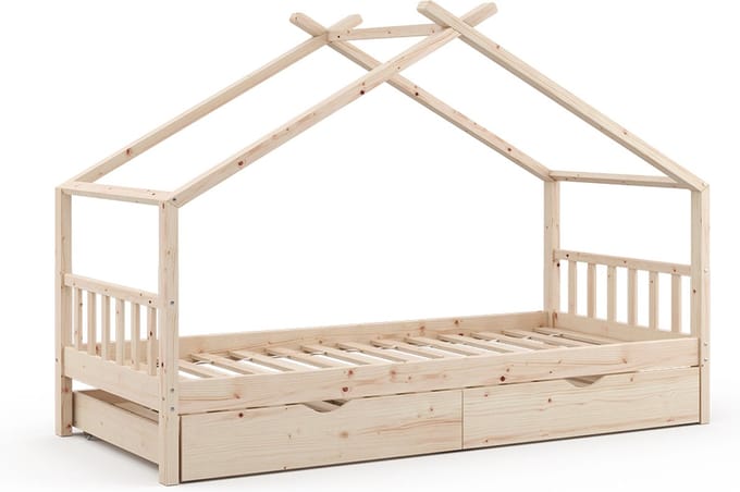 Vitalispa Design Huisbed – 90x200 cm met logeerbed Natuurlijk hout