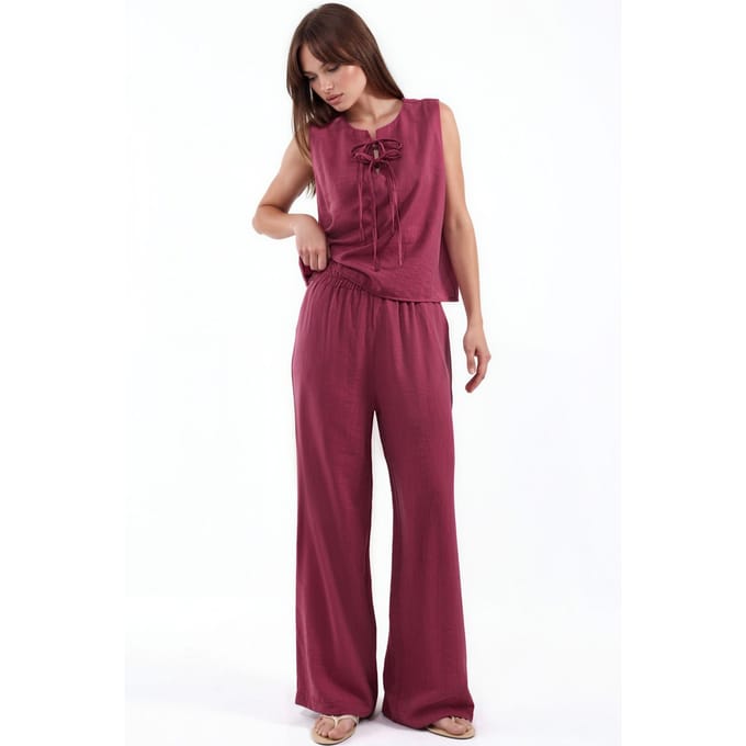 Viscose-blend blouse met strikdetail en elastische taillebroek set