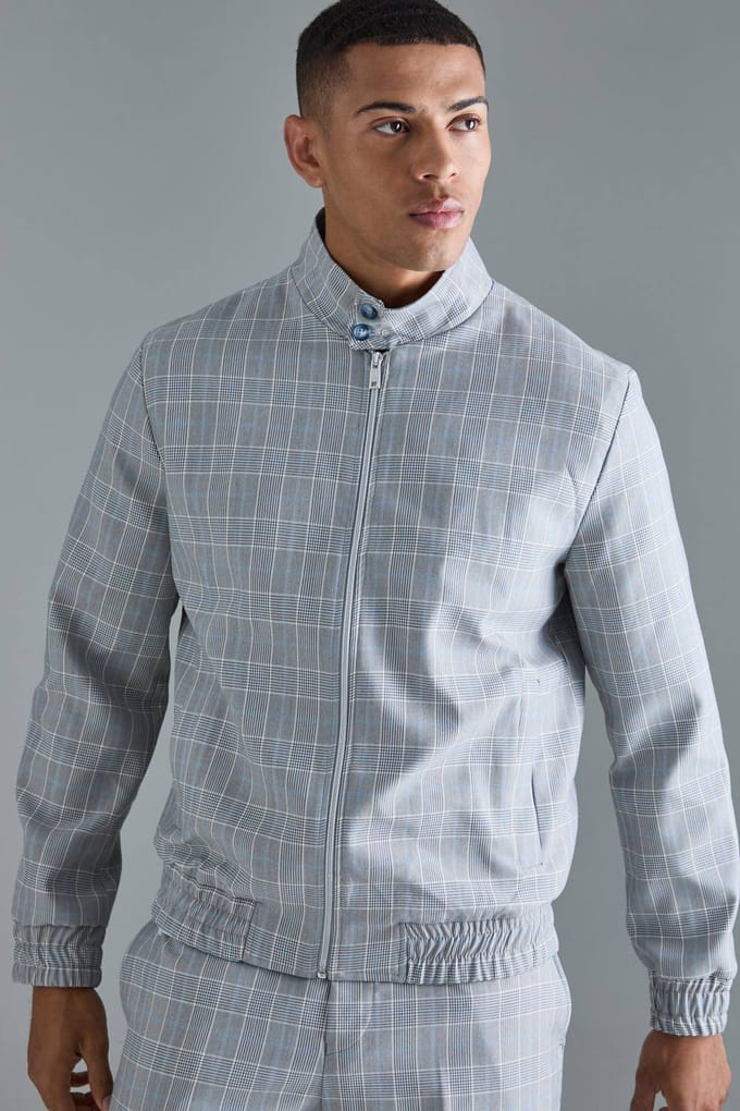Geruite High Neck Zip Up Smart Bomber Jacket | Grey | Size Medium