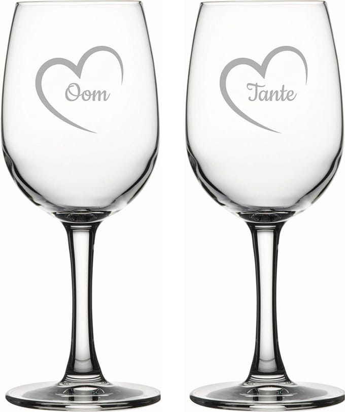 Gegraveerde witte wijnglas 26cl Tante met hartje & Oom met hartje