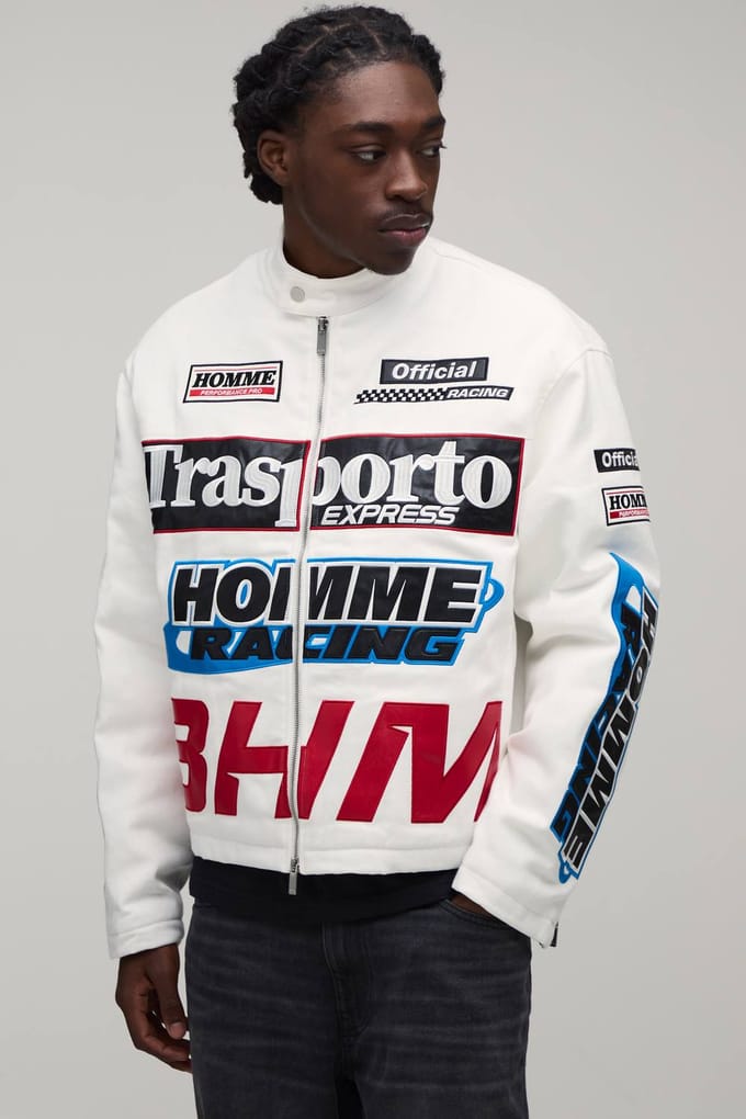 Ruimvallend Twill Motorjack Met Applicatie | White | Size Large
