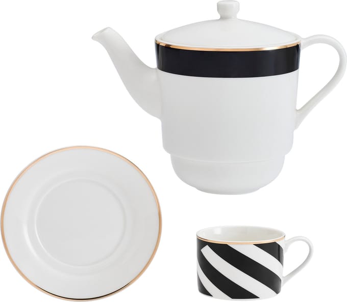 Mikasa - Tea For One Set - Luxe Deco - China - Zwart Wit Goud - Theepot en Kop