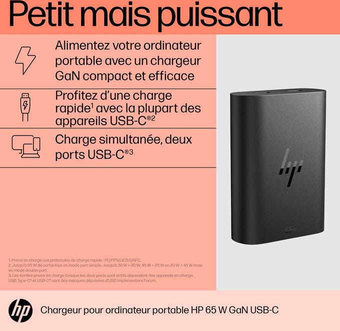 HP Originele 65 watt GaN USB-C snellader | Laptoplader USB-C - Zwart