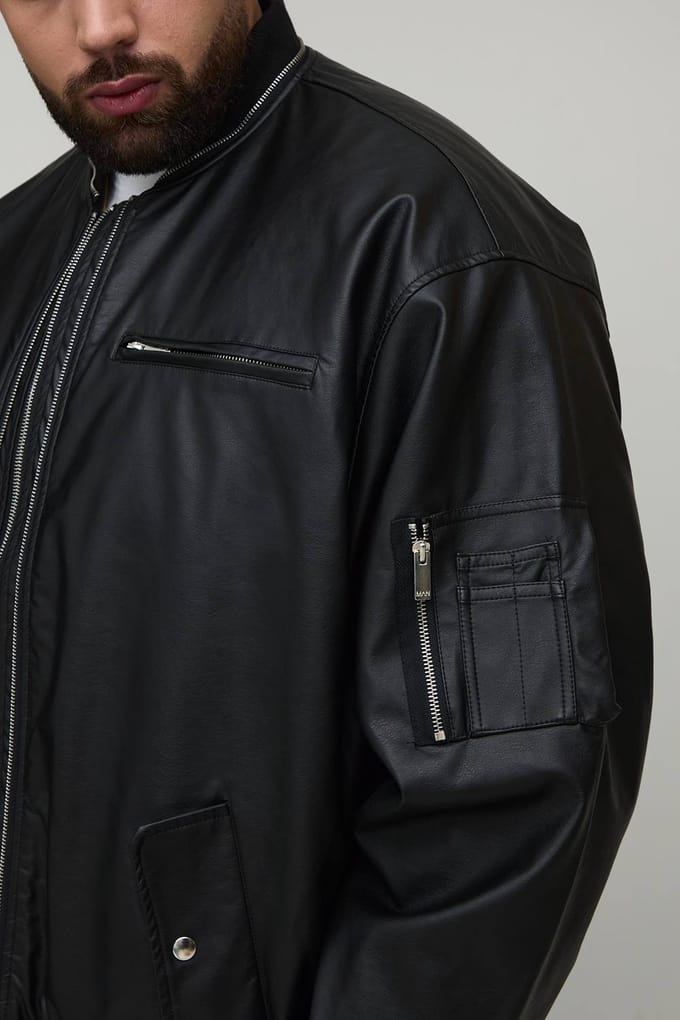 Plus Leather Look Double Zip Oversized MA1 Bomber Jacket | Black | Size 2XL
