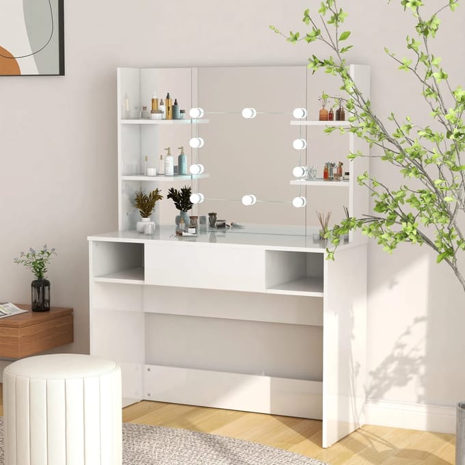 vidaXL - Kaptafel - met - LED-verlichting - 100x40x135 - cm - MDF - glanzend - wit