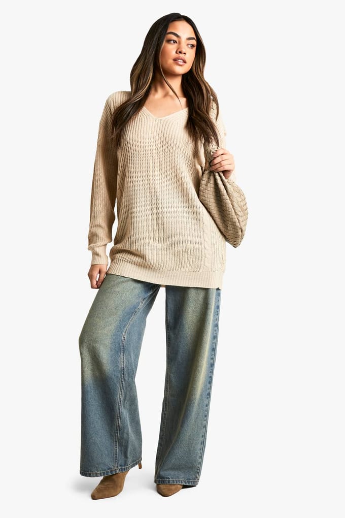 boohoo Dames V-hals oversized trui | Oatmeal | Maat: Medium