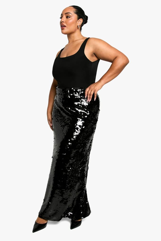 boohoo Dames Plus Premium Pailletten Maxi Rok | Zwart | Maat: 38
