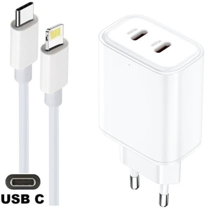OneOne 35W snellader met 2 poorten USB C en USB C + 1,2m USB C naar Lightning kabel. Witte PD lader. Oplader adapter past op iPhone 8 t/m iPhone 14
