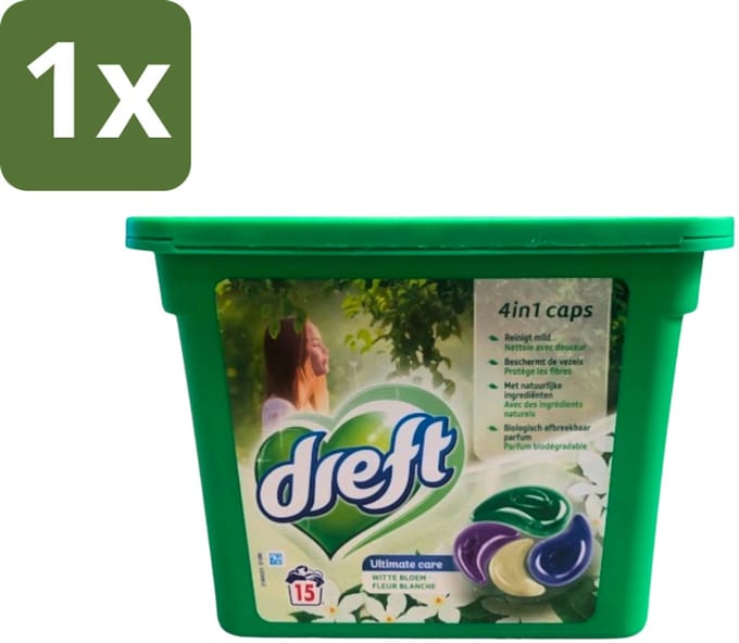Dreft - Wasmiddelcapsules 4in1 - Witte en Gekleurde Was - Witte Bloem - 15 Wasbeurten - 1 stuk