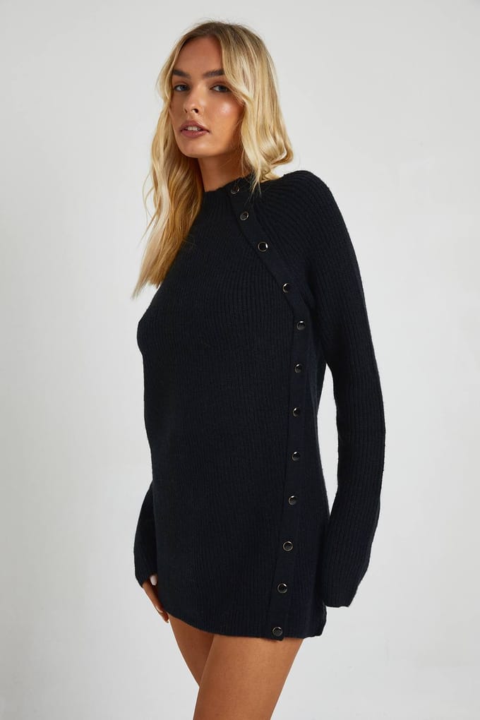 boohoo Dames Knopdetail Gebreide Mini Jurk | Black | Maat: Medium