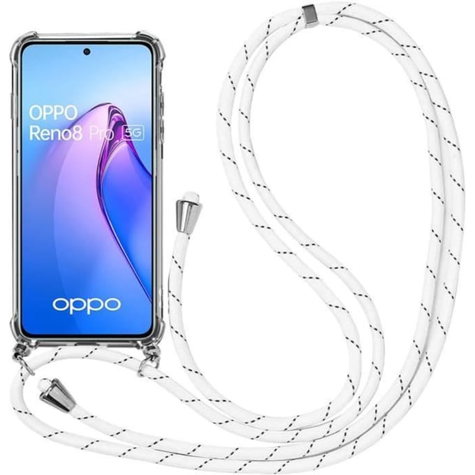 Coque Cordon pour OPPO Reno 8 Pro 5G Protection Renforcé Coins + Cordon Réglable Blanc