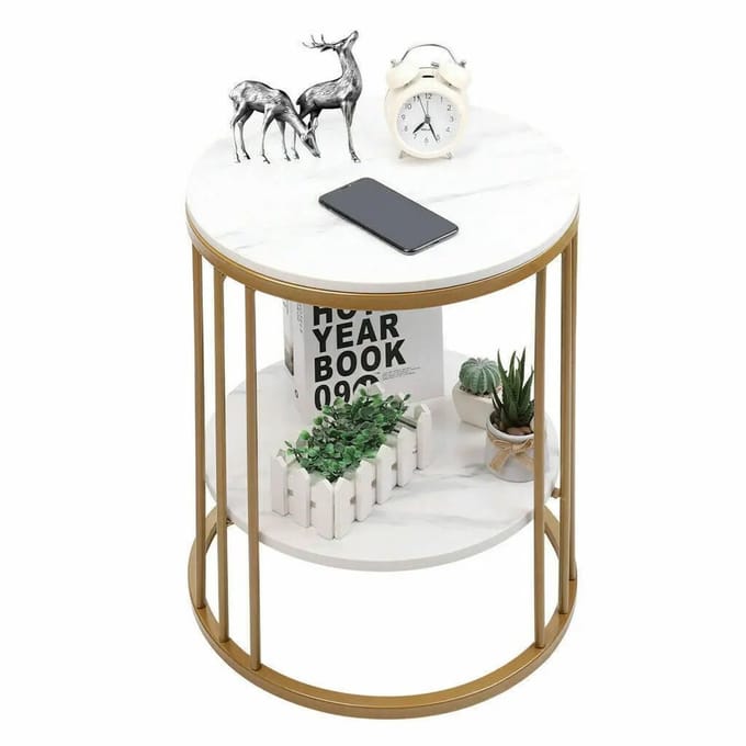 Archi Salontafel – Tafel - Opbergruimte – Marmer - Modern Design – Gesinterd Stone & Gouden Frame – 40 × 40 × 54 cm