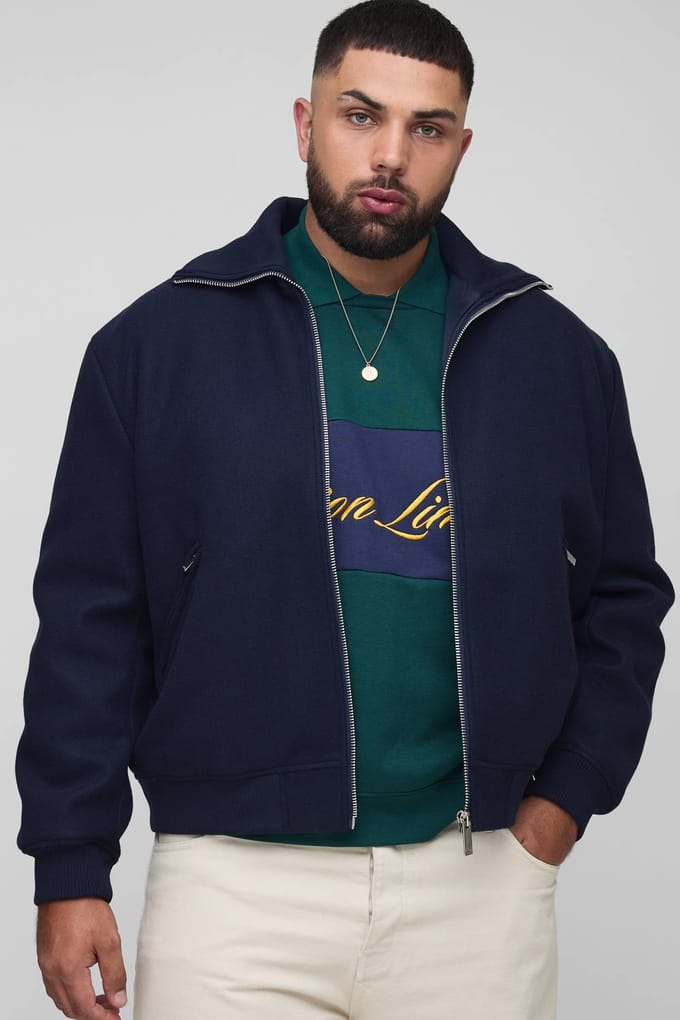 Plus Gebreide kraag ritssluiting wollen-look bomberjack | Navy | Size 2XL