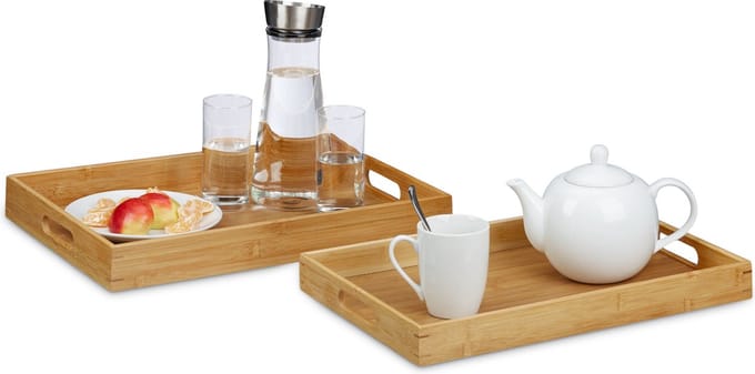 dienblad set van 2 - 45 en 42 cm - bamboe - met hoge rand - handvatten - serveerblad