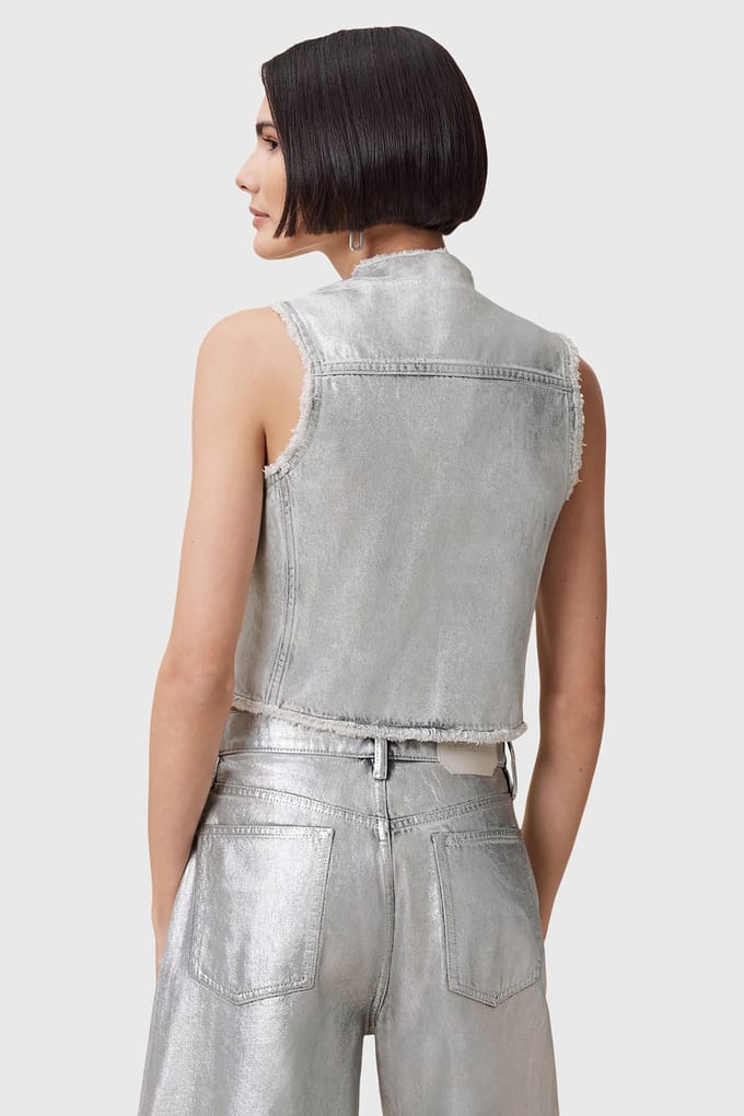 AllSaints Andrea Waistcoat Metallic Silver Größe: 4 | Gilets Outlet | Damen | Grau