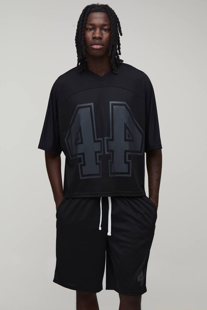 Oversized Boxy Mesh Vleermuis 44 Hockey Top En Short Set | Black | Size 5XL