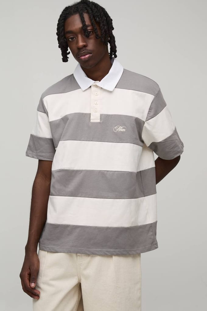 Regular Fit Korte Mouw Geborduurd Gestreept Rugby Polo | Grey | Size Large