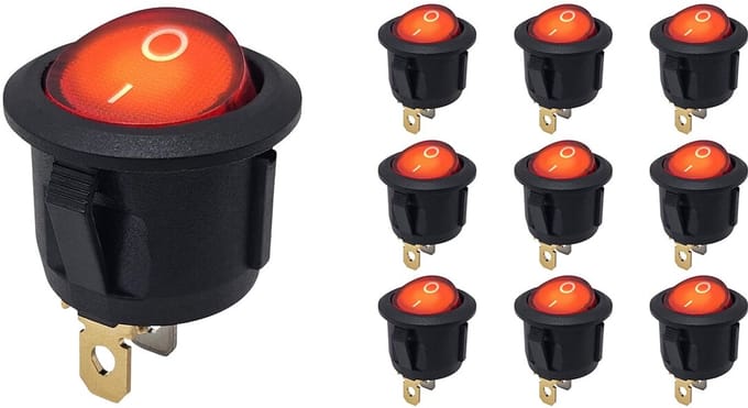 ProRide Wipschakelaar ON-OFF KCD2-220 - Rond - 3 pins - 250V/6A - Rood - 10 stuks