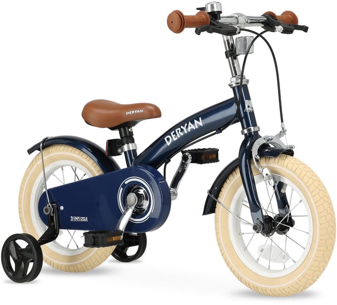 Deryan Luxe Kinderfiets 12 inch - 3 in 1 - loopfiets Blauw