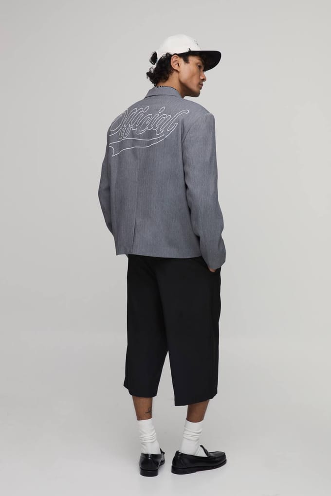 Oversized Blazer Met Visgraatmotief En Rugapplicatie | Slate | Size 34