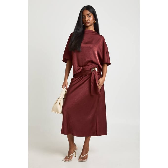 boohoo Dames Getextureerde Wikkel Satijnen Midaxi Rok | Terracotta | Maat: 40