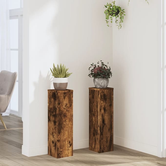 vidaXL - Plantenstandaards - 2 - st - 17x17x60 - cm - bewerkt - hout - gerookt - eiken