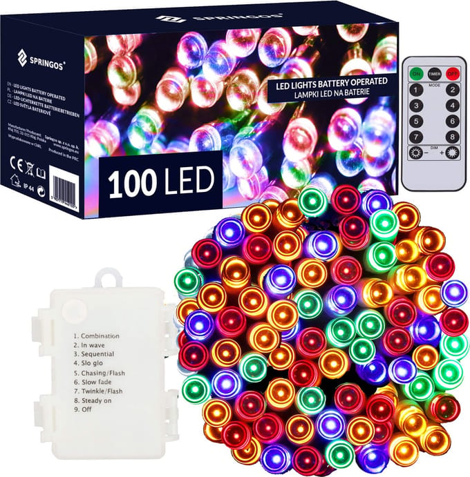 Springos Kerstverlichting | 10,5 m | Batterij | Afstandsbediening | 100 LED | Multicolor