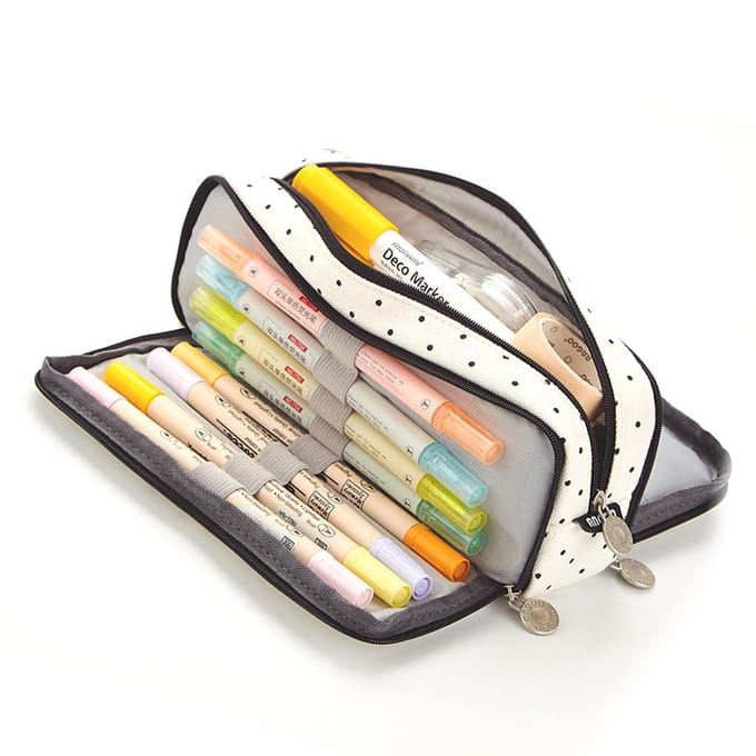 Grote Pennenhouder Multi Pocket Dubbele Opening Schattige Schrijfwaren Tas voor Student School Zwart beige