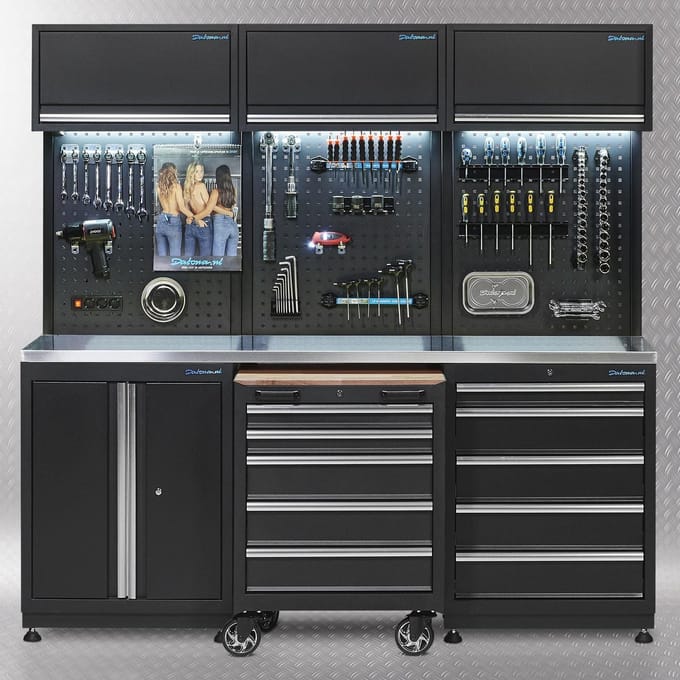 Datona® Werkplaatsinrichting PREMIUM met RVS werkblad 204 cm breed - Zwart