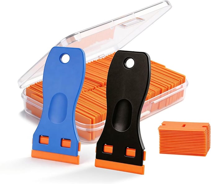 Plastic scheermesjes schraper - met 100 Messen - Reinigingsschraper - verwijder label sticker tool - Glaskrabber - Kookplaat Krabber - Keuringssticker Krabber