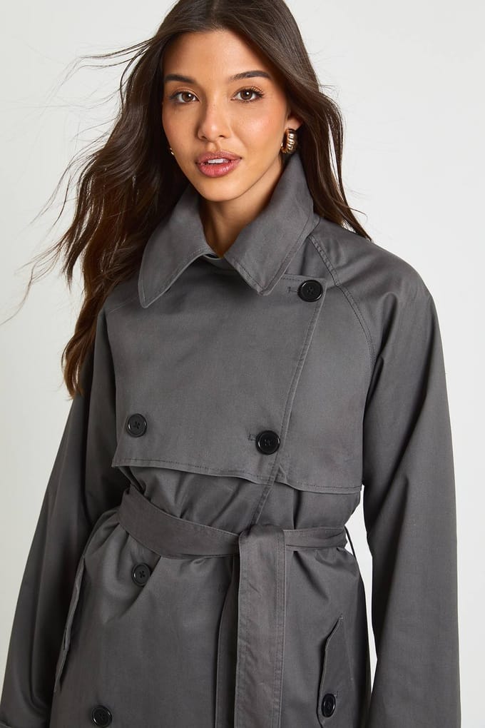 boohoo Dames Maxi dubbelgeknoopte ceintuur trenchcoat | Grey | Maat: 12