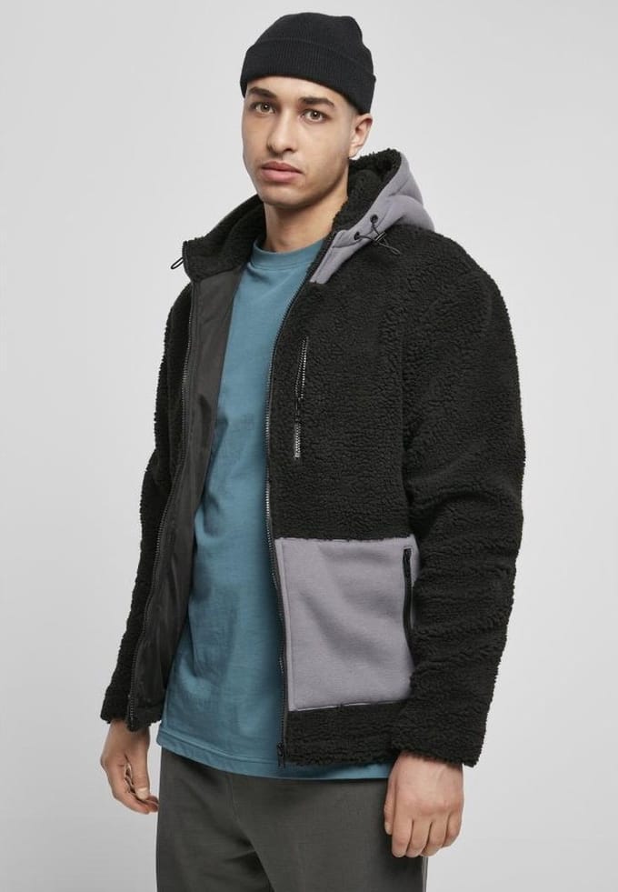 Urban Classics - Hooded Sherpa Jacket - S - Zwart/Grijs