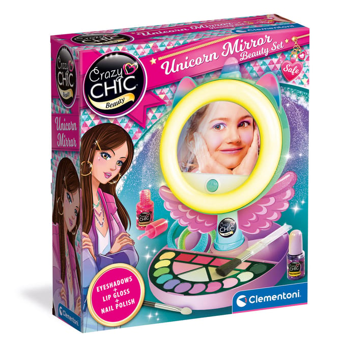 CLEMENTONI - Eenhoorn make-up spiegel - Ringlamp - Make-up en haar- en nagelaccessoires - Vanaf 7 jaar