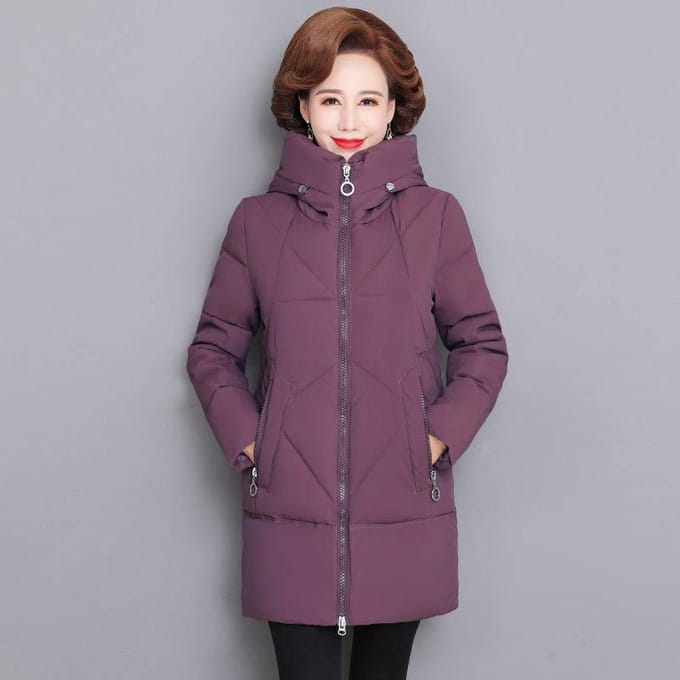 Winterjas met capuchon voor dames van middelbare leeftijd en ouderen, middellang, grote maten L bordeaux