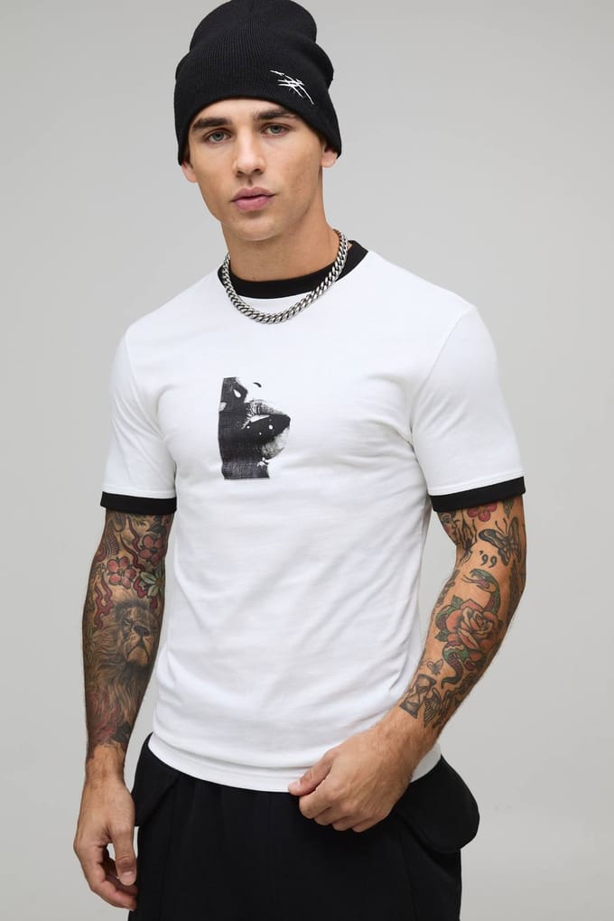 Muscle Boxy Fit Lips Printed Ringer T-Shirt | White | Size Medium