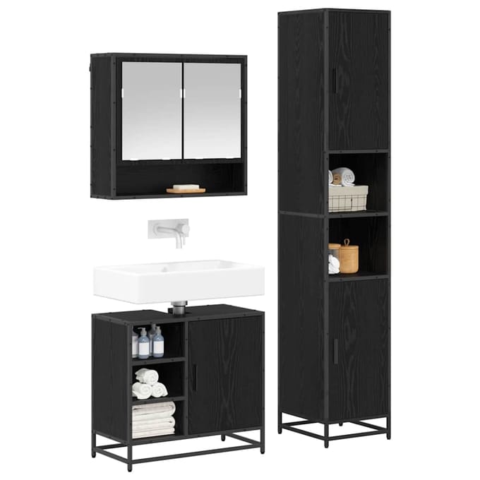 vidaXL - Badkamermeubel - Set - 3 - st - Zwart - Eiken - Bewerkt - hout