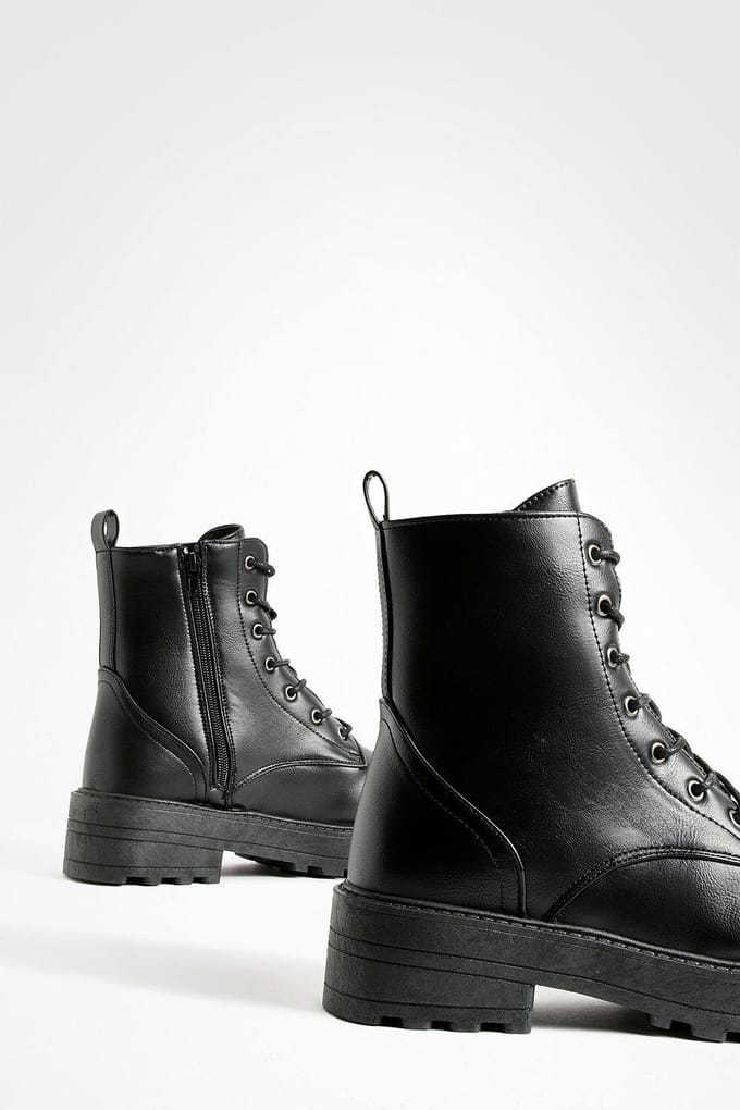 boohoo Dames Vetersluiting Chunky Hikerlaarzen | Zwart | Maat: 37
