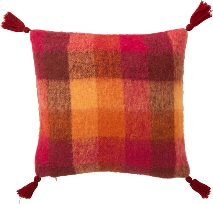 J-Line kussen Ruitjes + Kwastjes - textiel - oranje/bordeaux