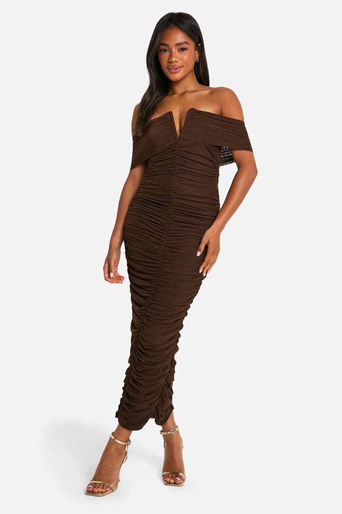 boohoo Dames Premium Power Mesh Gestructureerde Midaxi Jurk | Chocolate | Maat: 18