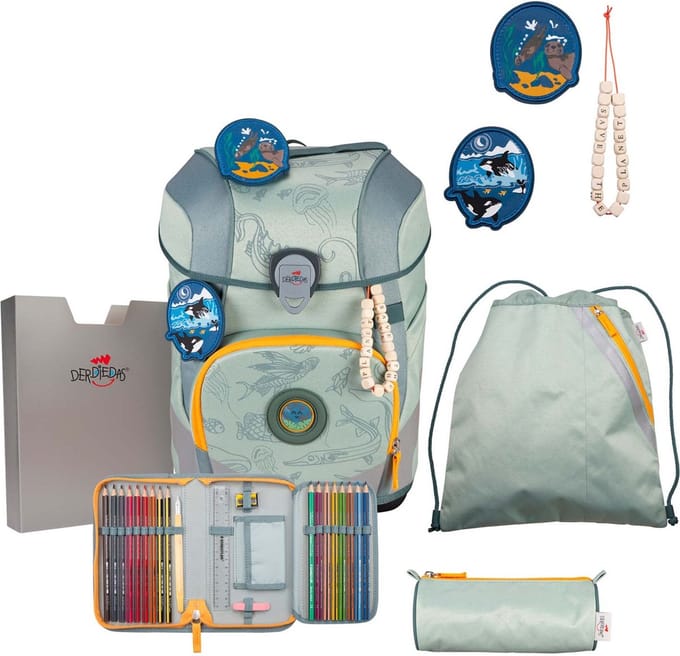DerDieDas schooltas ErgoFlex Tiny Exklusiv Eco Schulranzenset 5-delig Grey Planet mintgroen