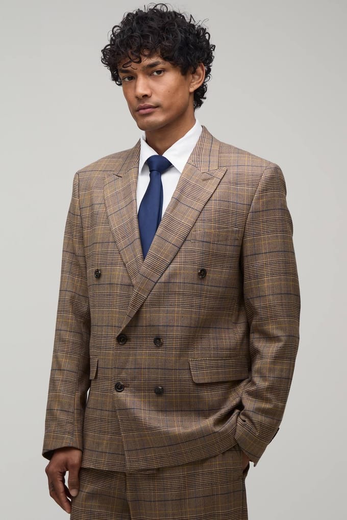 Checked Relaxed Fit Double Breasted Blazer | Chocolate | Size 46