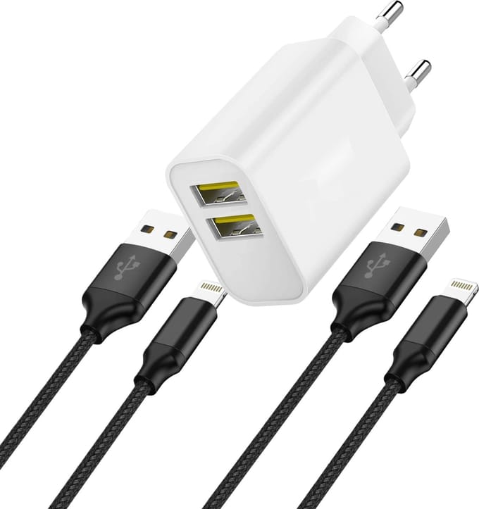USB Lader met 2x Nylon Kabel - Geschikt voor iPhone X,8,7,SE - 12W Oplader - 1 Meter