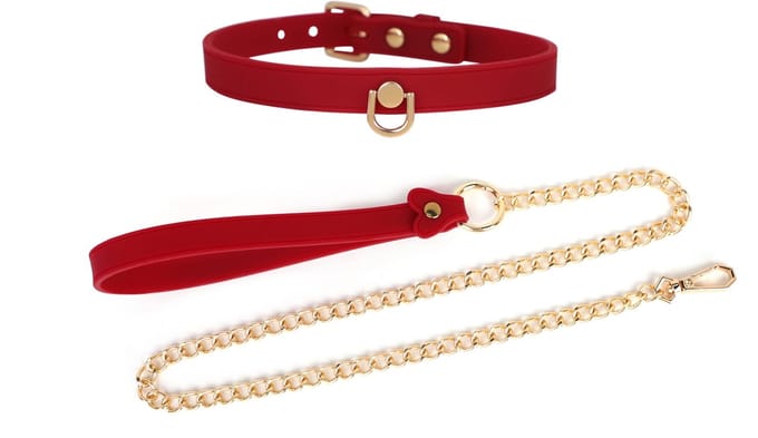 Smart Moves - Smalle Siliconen Collar met Leash en Gouden Leiband - Rood