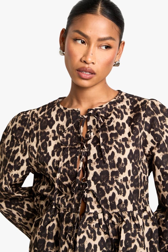 boohoo Dames Leopard tie-front smock top met puffmouwen en lange mouwen | Maat: 6