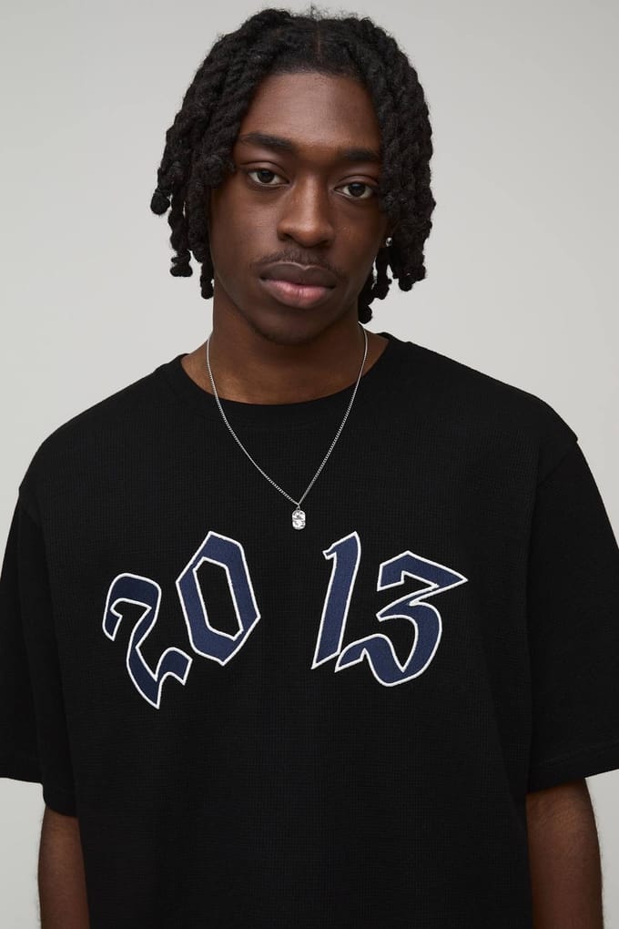 Relaxed Fit Gothic 2013 Embroidered Waffle T-Shirt | Black | Size Small