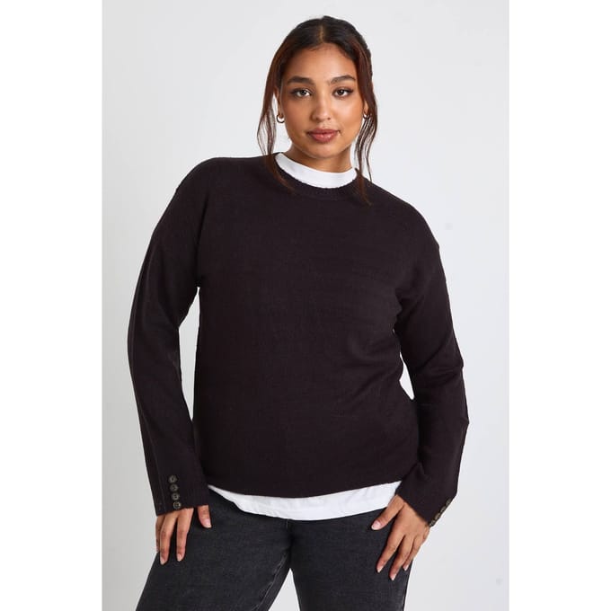 boohoo Dames PLUS CREW NECK PULLOVER VAN GEBREID NAAIWijZE EN WIDE LEG TORUSER SET | Black | Maat: 22