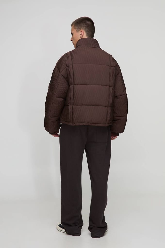 Boxy Fit Textured Pintuck Funnel Neck Puffer Jacket | Chocolate | Size Medium
