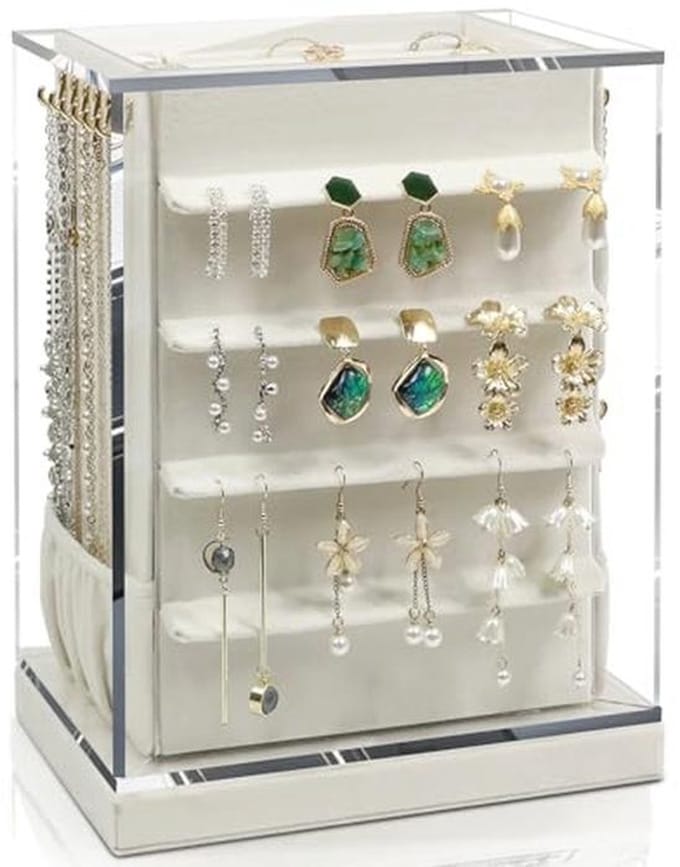 Rotatable Jewellery Storage Box with 5 Drawers - Large Vertical Organizer in Beige