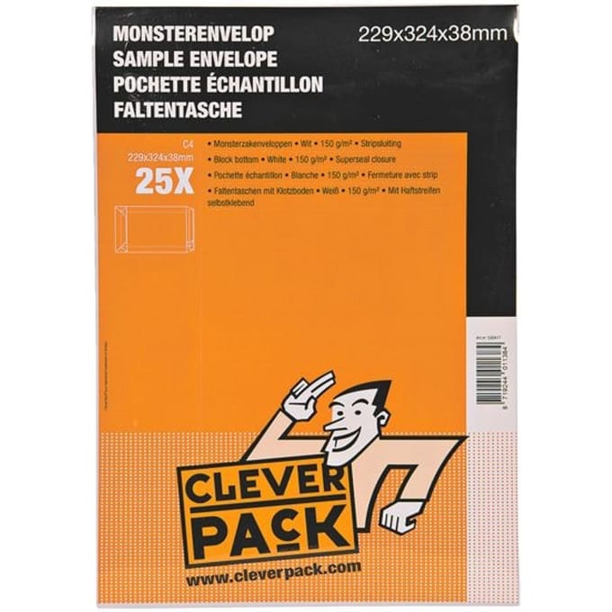 Cleverpack monsterenveloppen, ft 229 x 324 x 38 mm, met stripsluiting, wit, pak van 25 stuks
